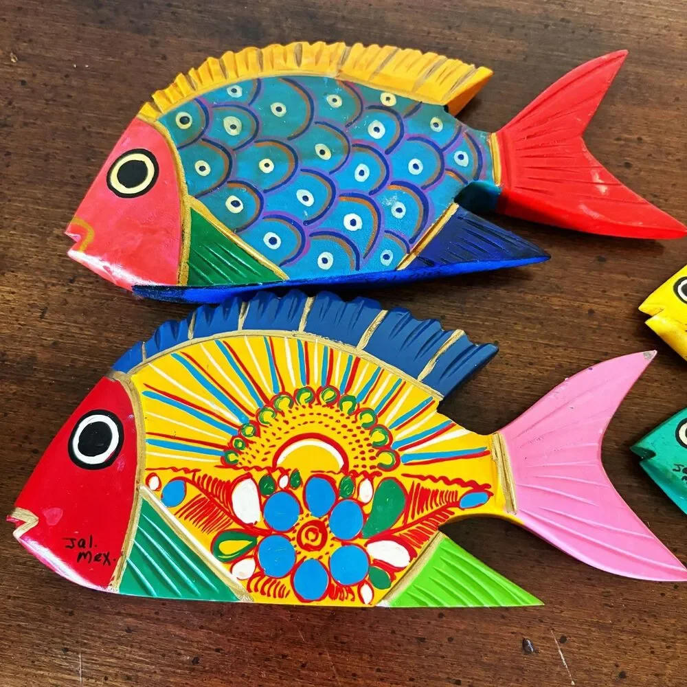 Hand Painted Tropical Fish Wood Carving Colorful Folk Art Wooden Figurine Mexico
